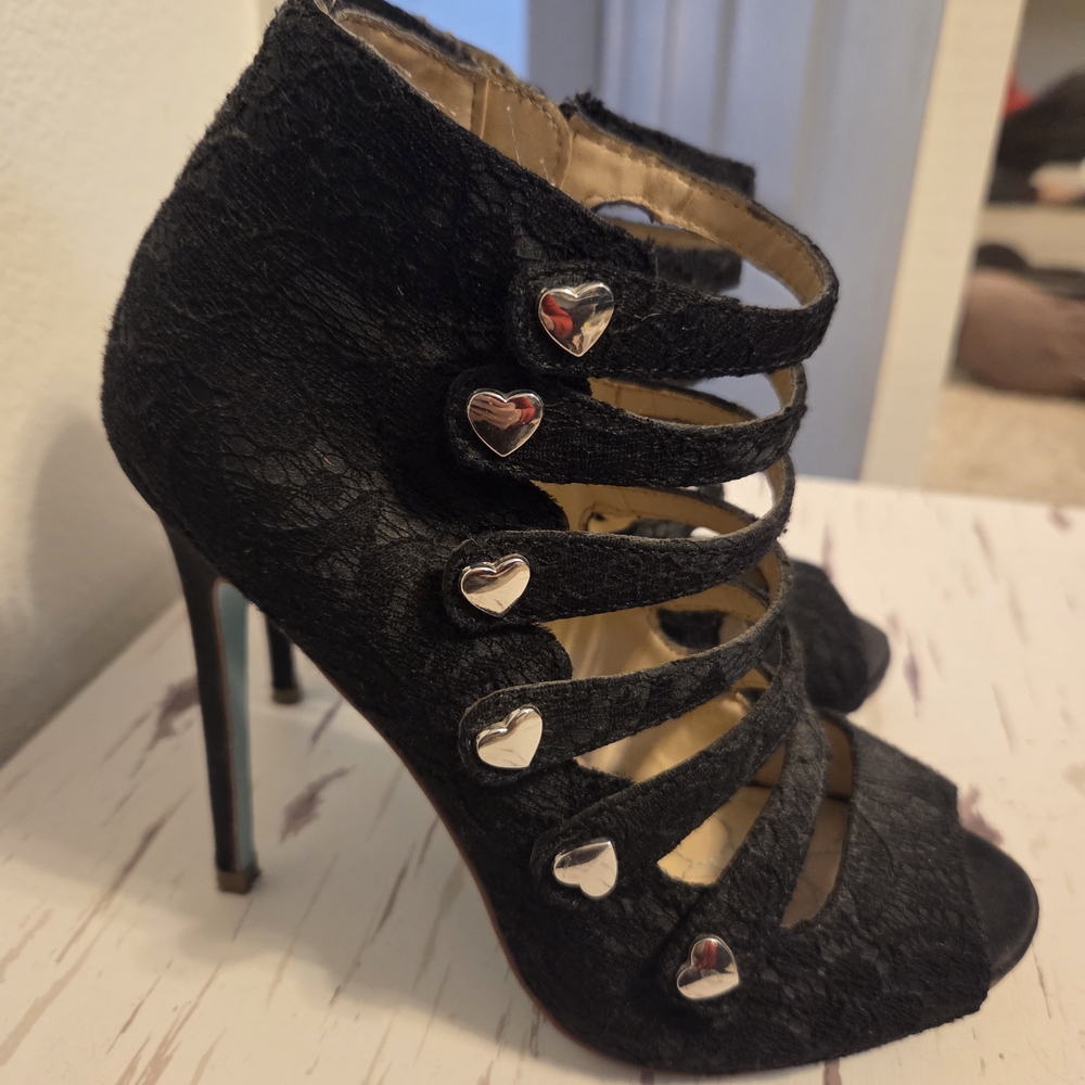 Betsey Johnson Black Lace Heels with Silver Heart Accents